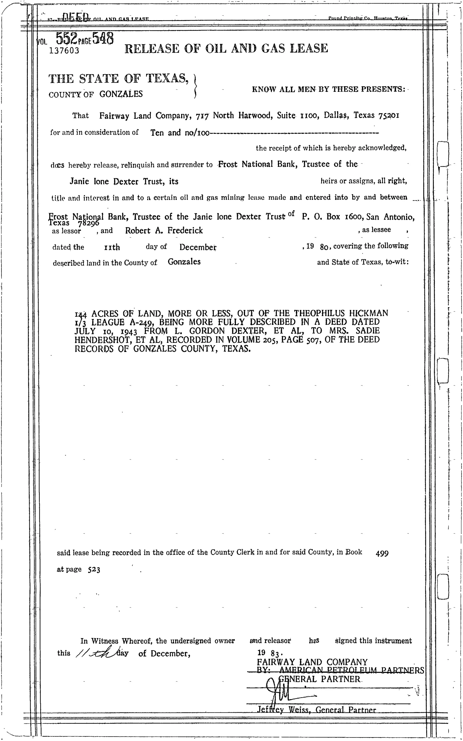 Fairway Land Co - Recorded Release Oil Lease (Vol. 552, Page 548)