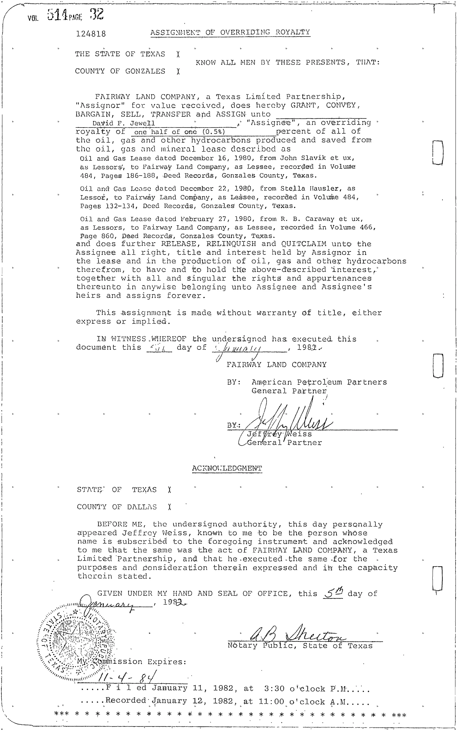 Fairway Land Co - Recorded Assignment Overriding Royalty (Vol. 514, Page 32)